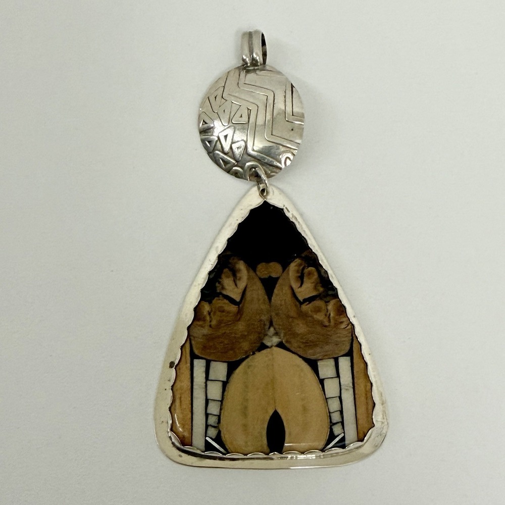 Native American Navajo Sterling Inlaid Wood Pendant 3 1/2" x 1 3/4" ART TO WEAR